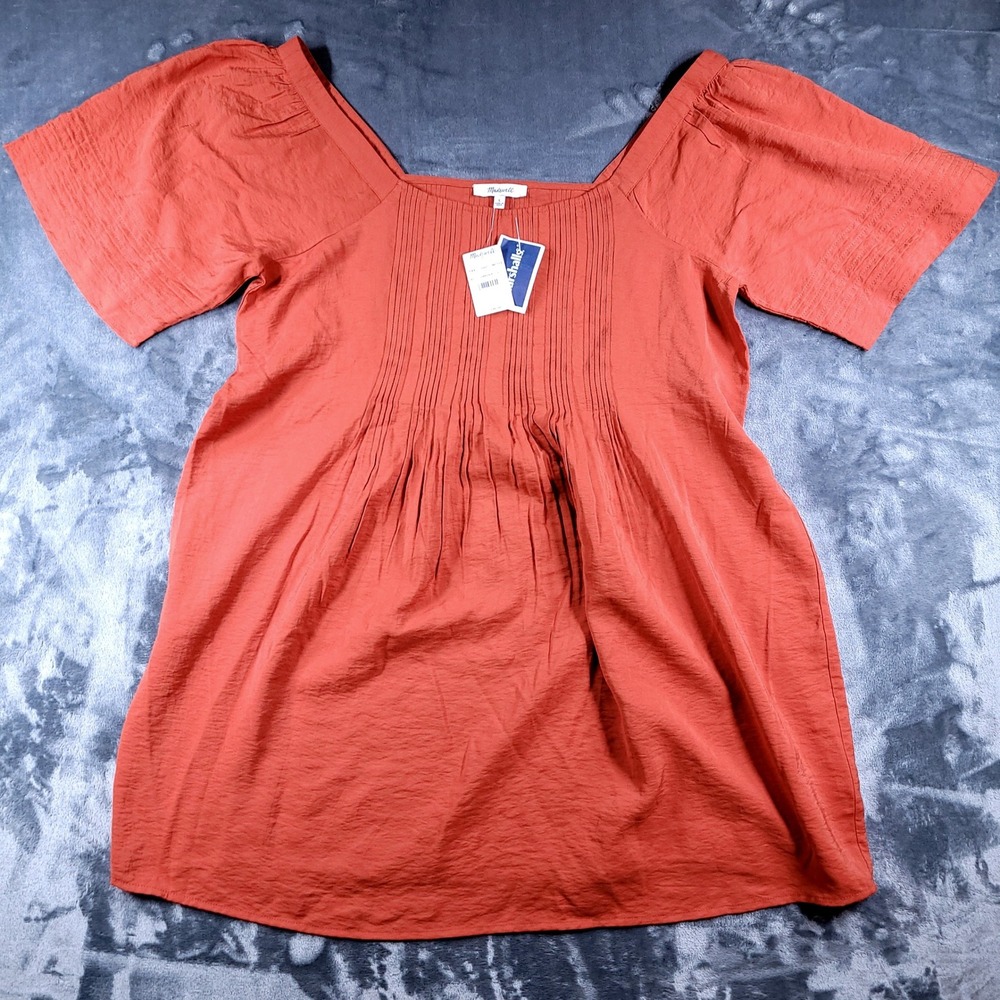 Madewell Womens Pintuck Square Neck Top Burnt Orange Short Sleeve Dress L NEW